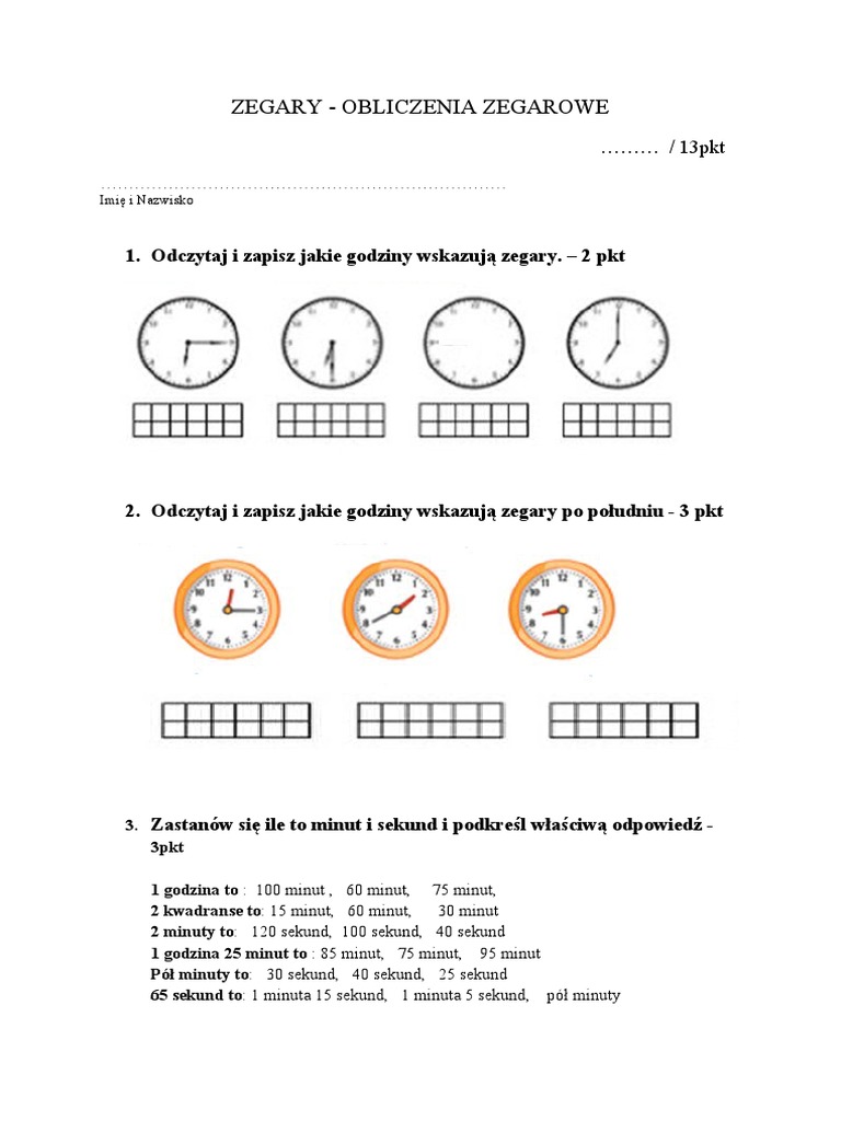 Kartkówka Z Zegarów Klasa 2 ZEGARY Kartkówka Klasa 3 | PDF