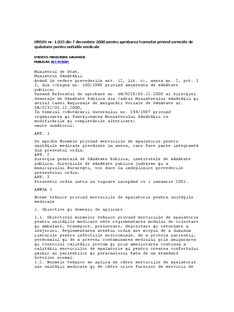 ORDIN MS Nr. 1025 Din 2000 Spalatorie | PDF