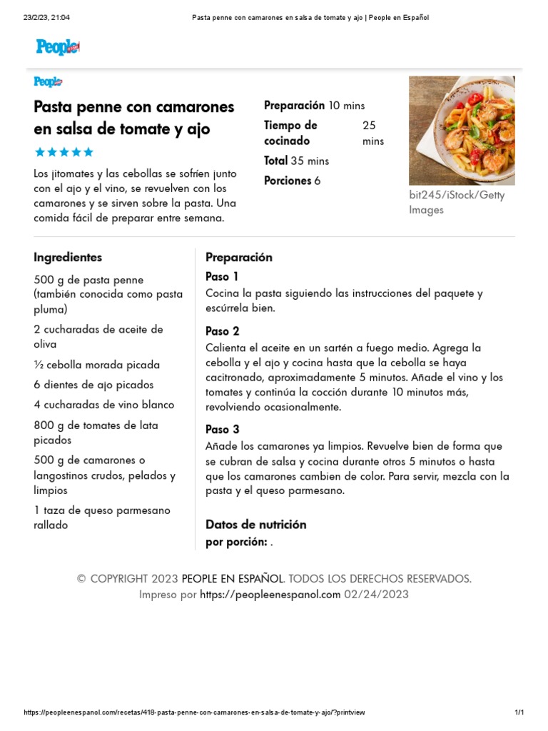 Pasta Penne Con Camarones en Salsa de Tomate y Ajo People en Español