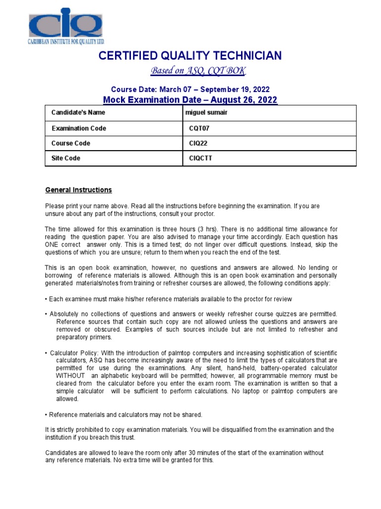 CQT Practice Exam Instructions and Details | PDF | Engineering ...