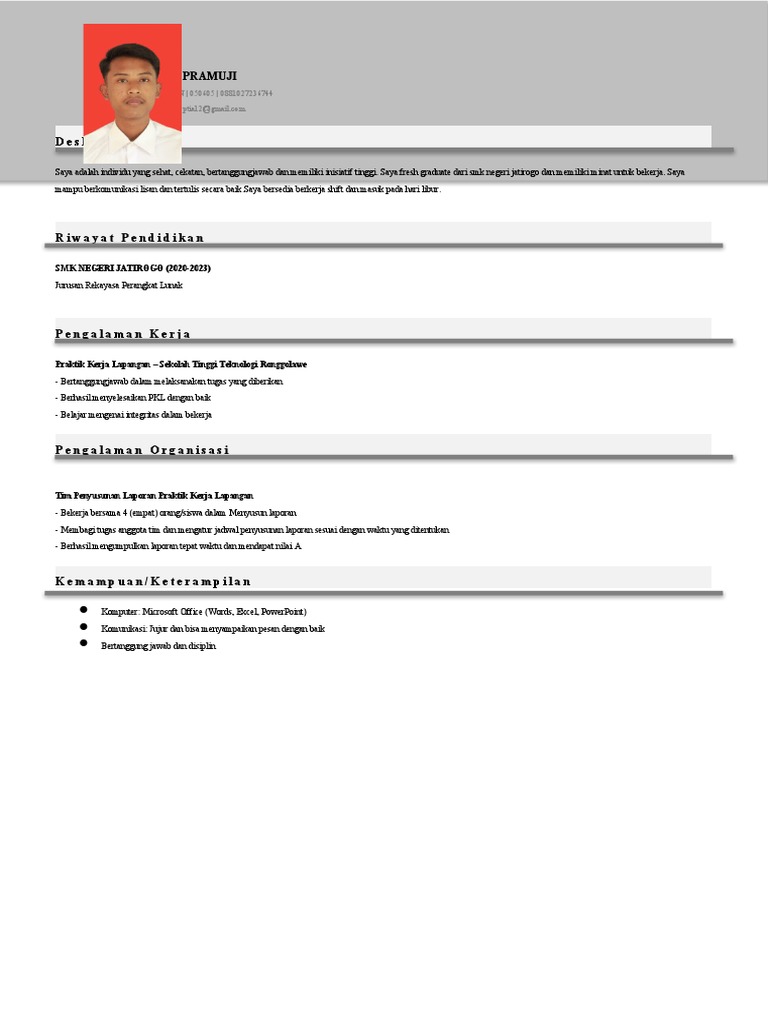 Contoh CV Fresh Graduate SMK RPL | PDF