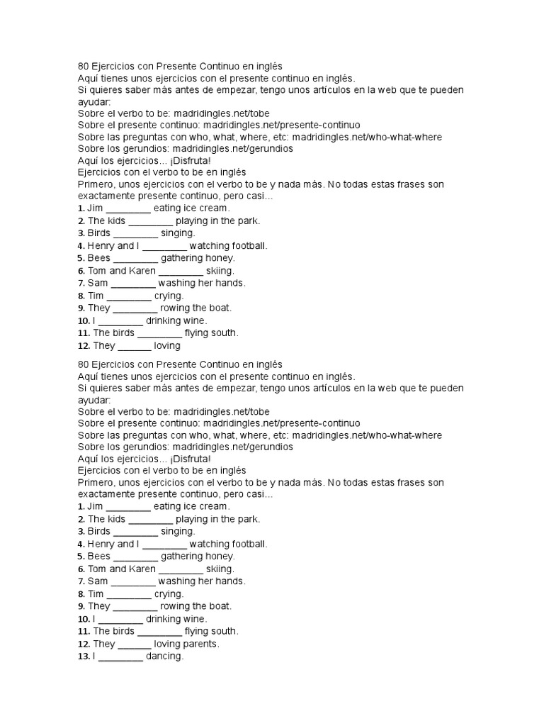 80 Ejercicios de Presente Continuo en Inglés | PDF | Lingüística