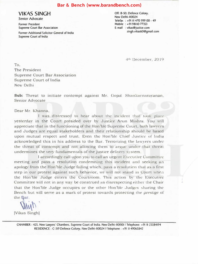 Vikas Singh Letter Justice Arun Mishra Contempt Incident | PDF ...