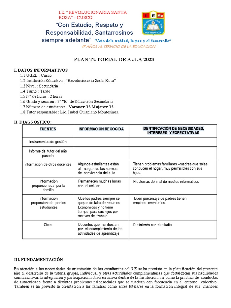 Plan Tutorial 2023 - I.E. Santa Rosa Cusco | PDF | Salón de clases ...