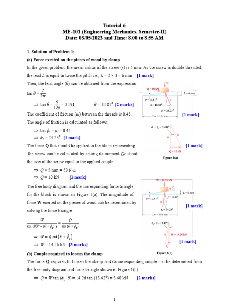 Me-101 Tutorial-6 Solutions | PDF | Force | Friction