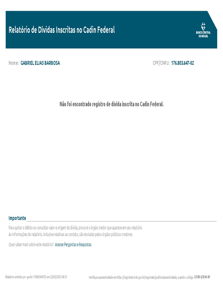 Relatório de Dívidas no Cadin Federal | PDF | Finanças e Administração ...