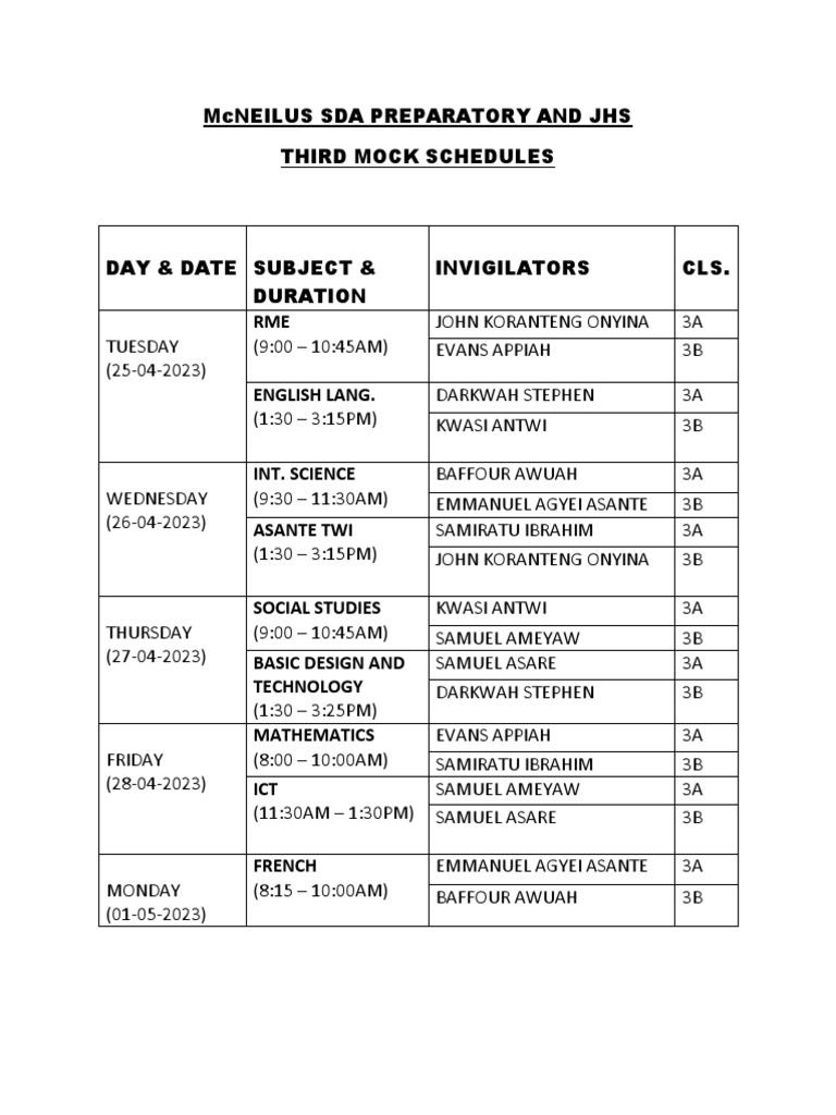 Mock Schedules PDF
