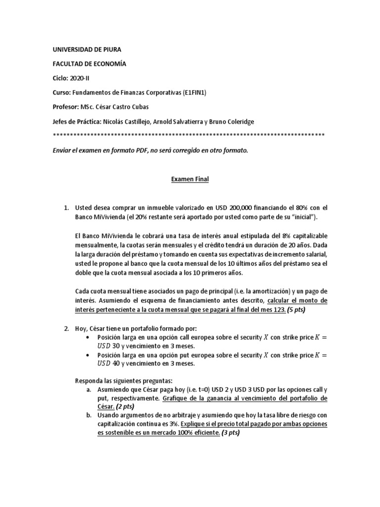 Examen Final de Finanzas Corporativas 2020-II | PDF | Compartir ...