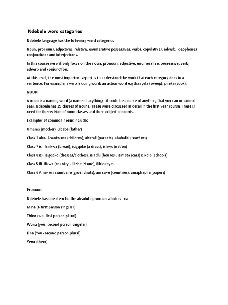 Ndebele Language Word Categories | PDF | Languages | Foreign Language ...