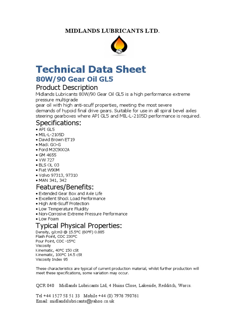 80W/90 GL5 Gear Oil Specifications | PDF