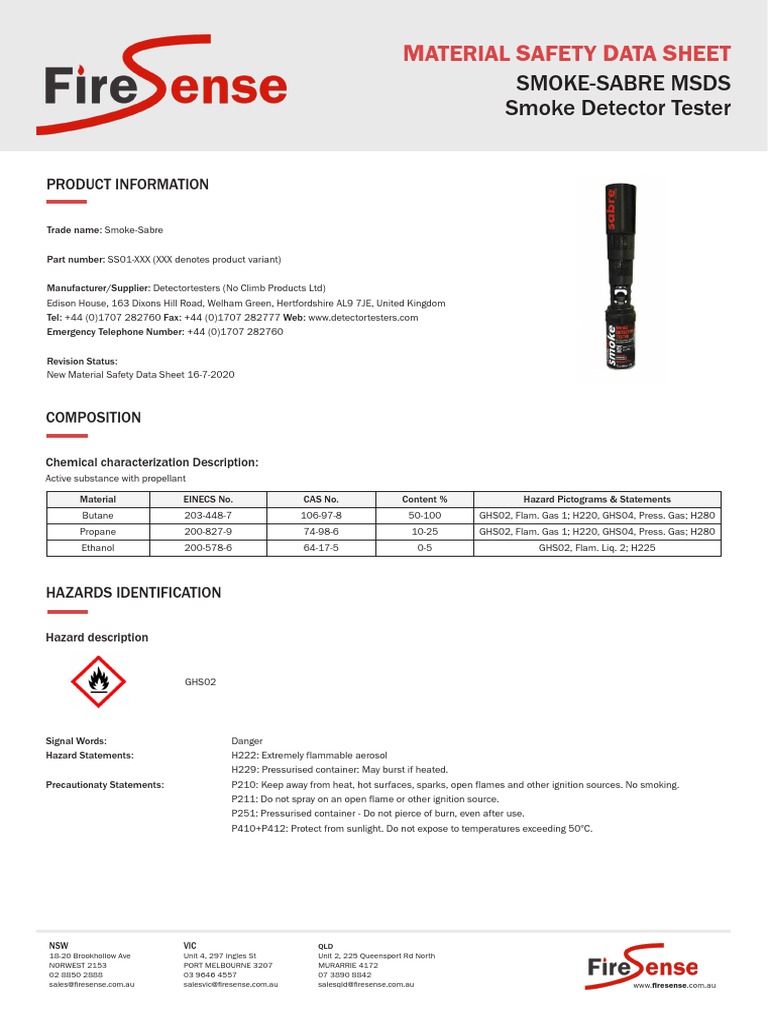 Smoke Sabre MSDS PDF Dangerous Goods Firefighting