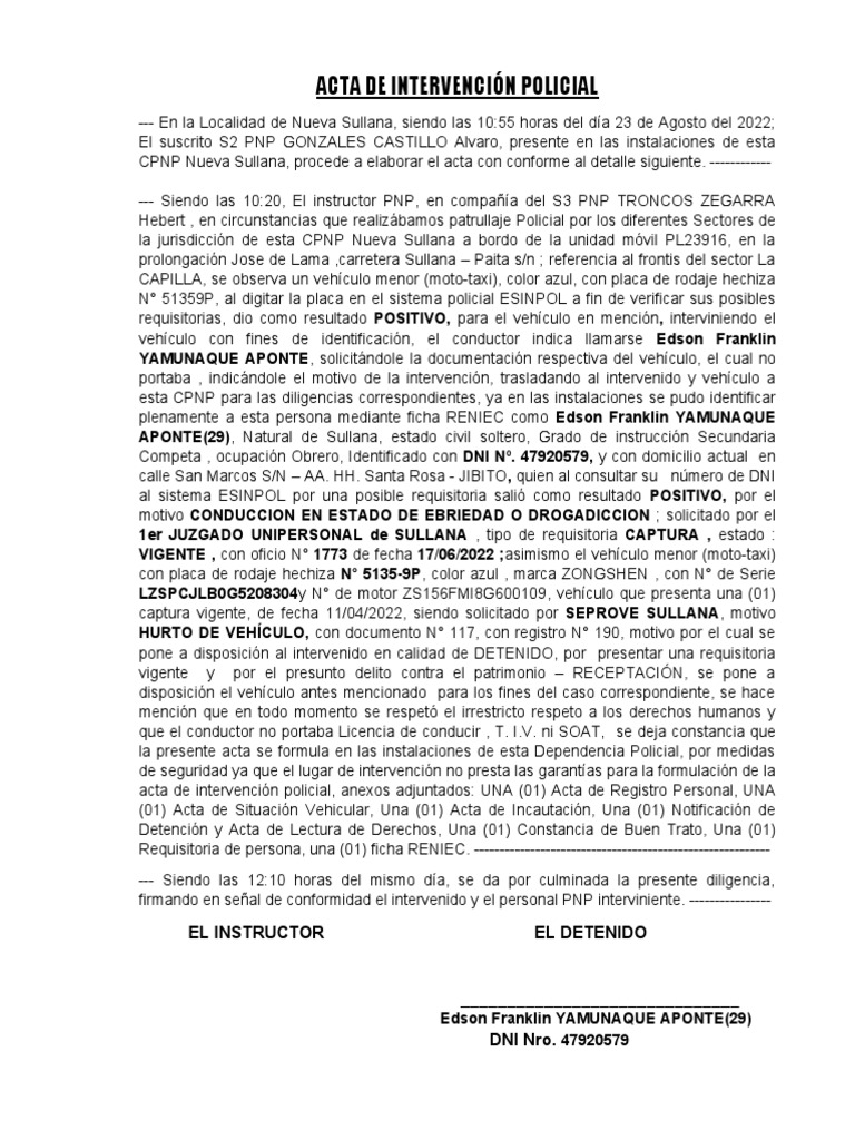 Acta de Intervención Policial en Sullana | PDF | Justicia | Crimen y ...