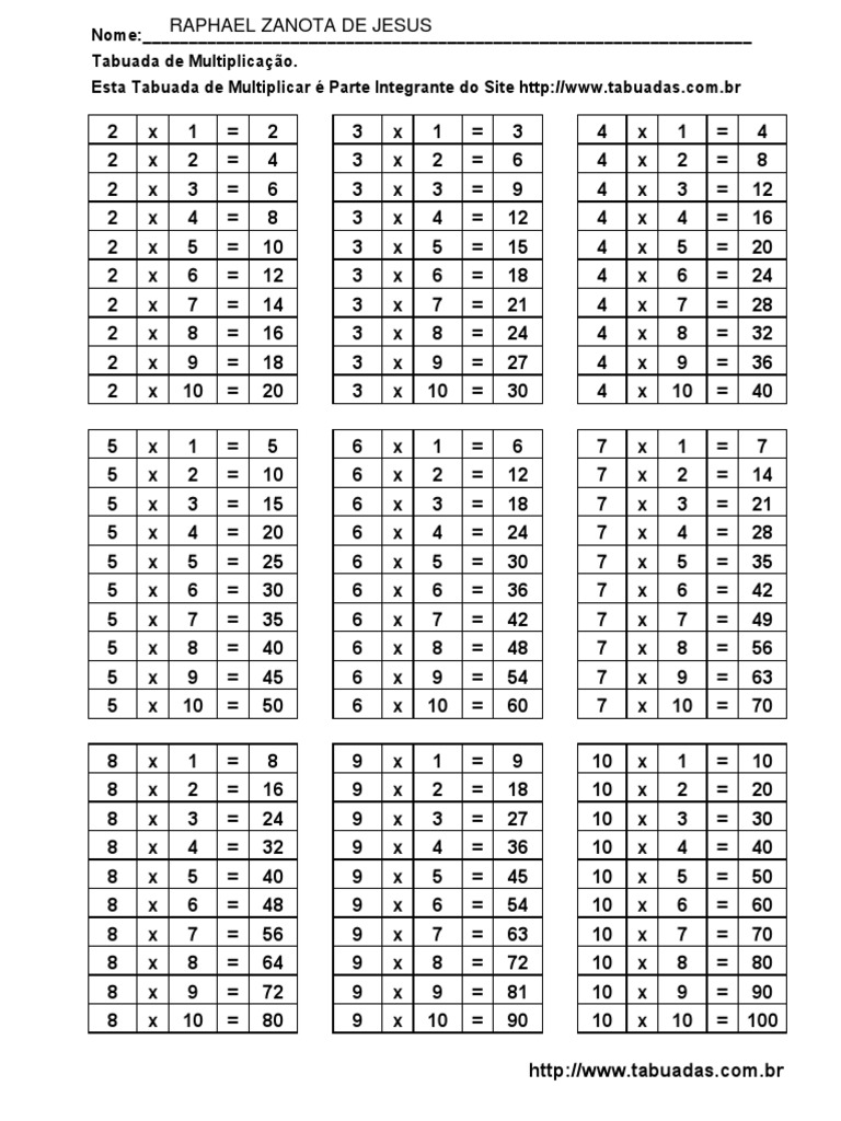 Tabuada Para Imprimir: Com Resultados. Contas de Multiplicação do 1 ao 9.  Material Didatico Para Professores, Pais e Alunos.