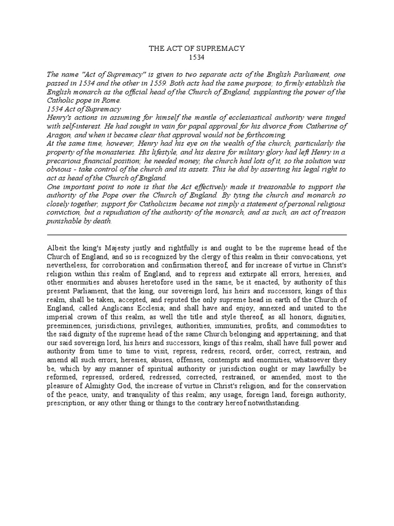 The Act of Supremacy - Document | PDF | Church Of England | Pope