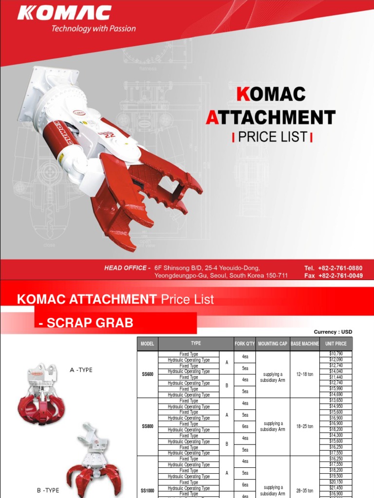 KOMAC Attachment Price List 2023 | PDF | United States Dollar | Equipment