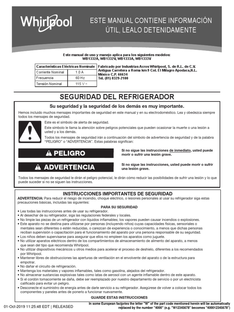 Manual de Uso Refrigerador Whirlpool WB1332A | PDF | Agua | Refrigerador