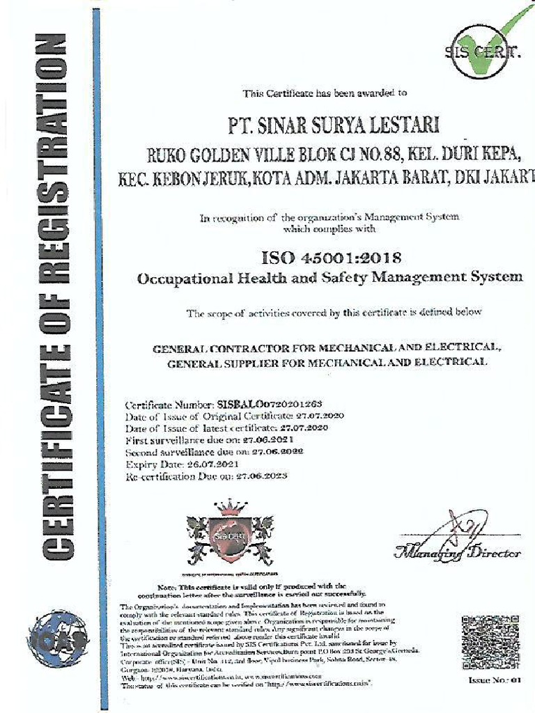 Sertifikat Iso 45001 2018 Occupational Health and Safety Management