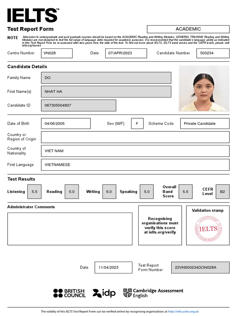 IELTS Test Report Form Details | PDF | International English Language ...