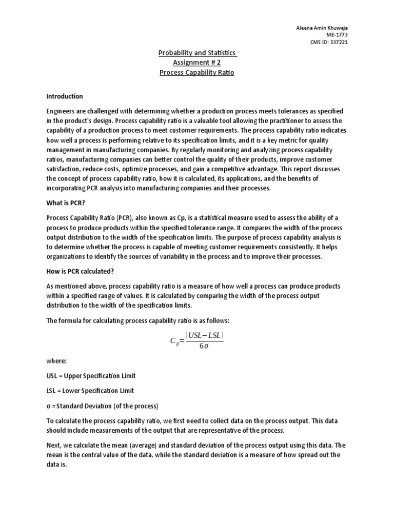 Process Capability Ratio - P&S - Aleena Amin Khuwaja | PDF | Standard ...