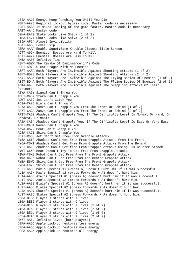 Streets of Rage 2 Cheat Codes Guide | PDF | History