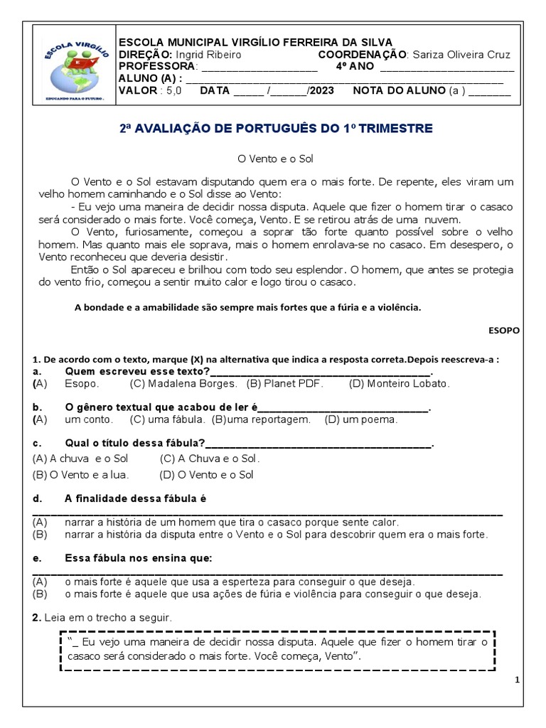 2 Avaliação de Português 4 Ano 2023 | PDF | Sílaba | Estresse (Linguística)