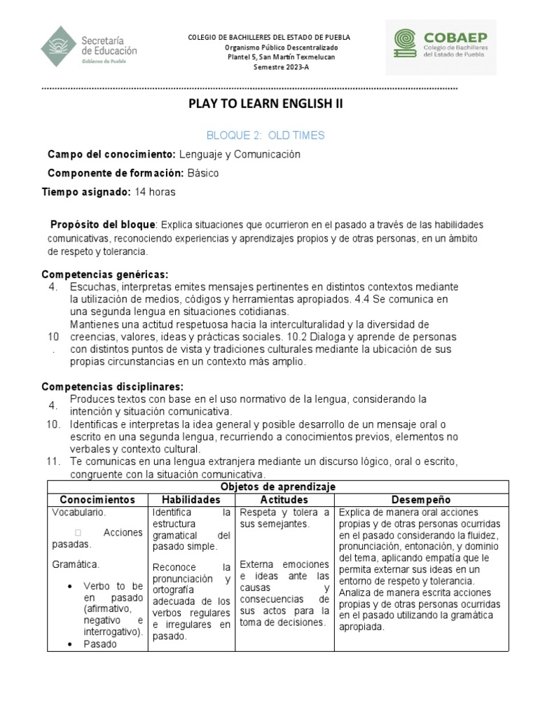 Copia De Syllabus 2 Inglés Ii 2023a Pdf Segundo Lenguaje Comunicación