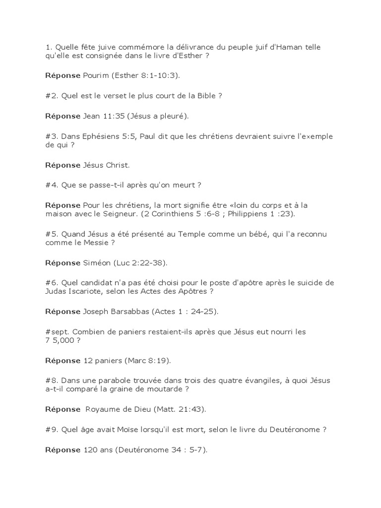 Quiz biblique : 2000 questions et réponses | PDF | Jésus | Évangile ...