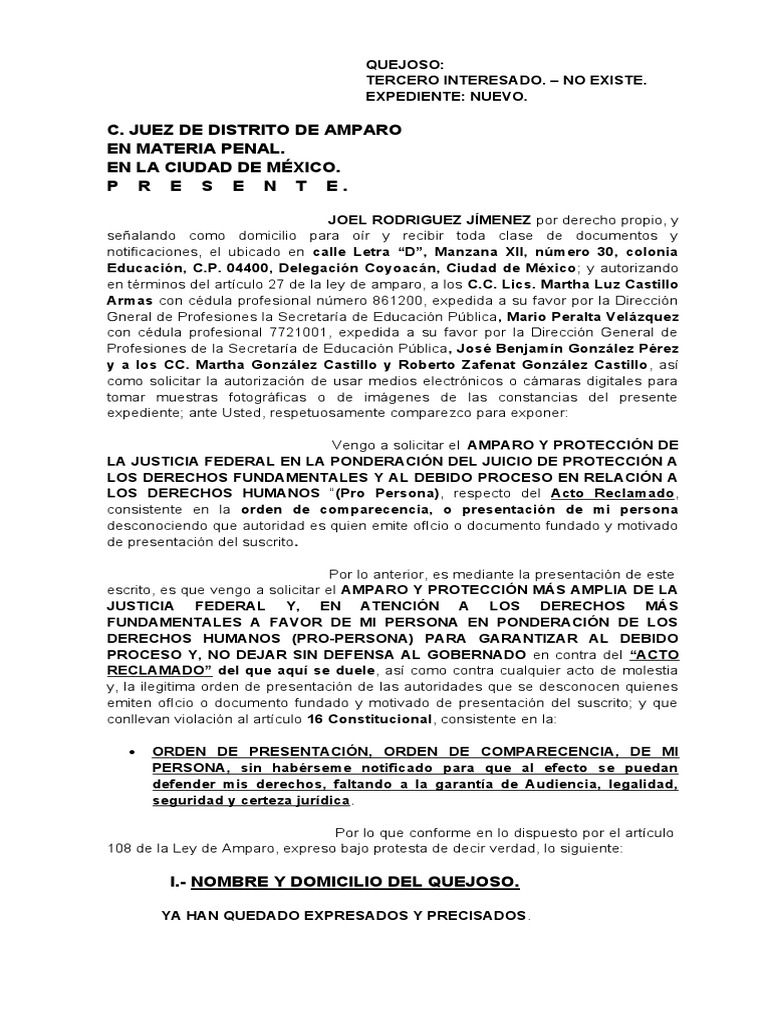 Amparo por Orden de Comparecencia Penal | PDF | Debido al proceso ...