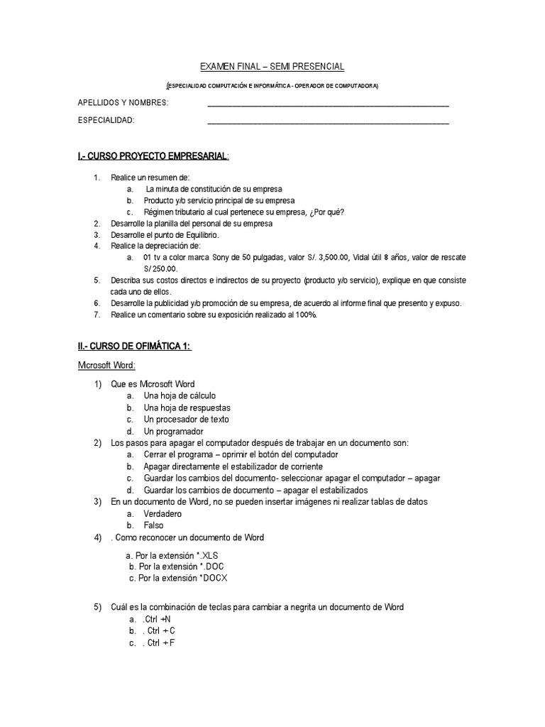 Examen Final Comp. | PDF | Hardware de la computadora | Microsoft Excel