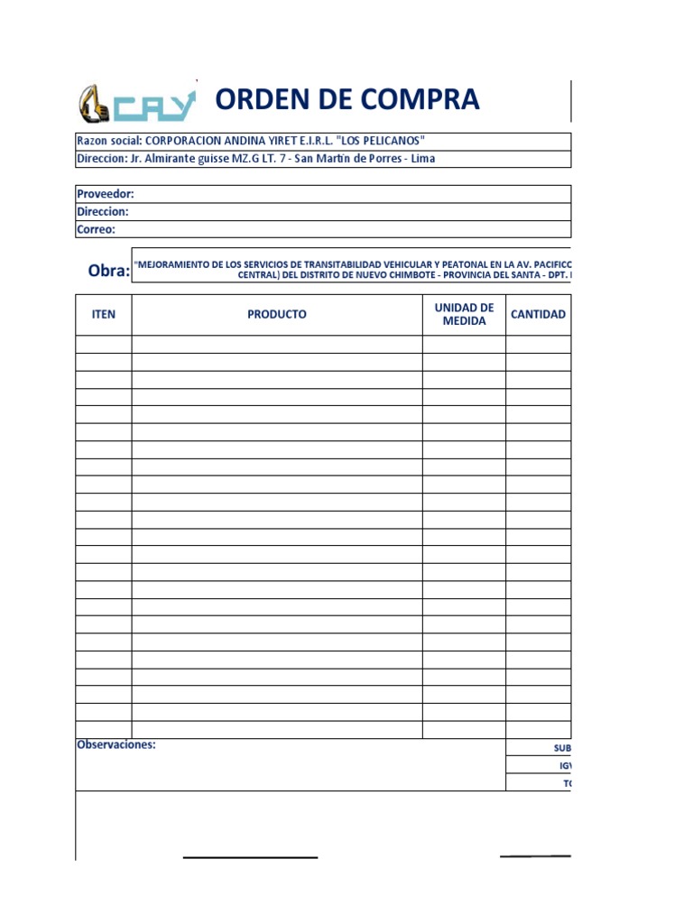 Orden de Compra Obra San Rafael 0001 | PDF
