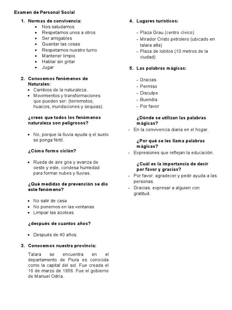 Examen de Personal Social y Cultura General | PDF | Perú | América del Sur