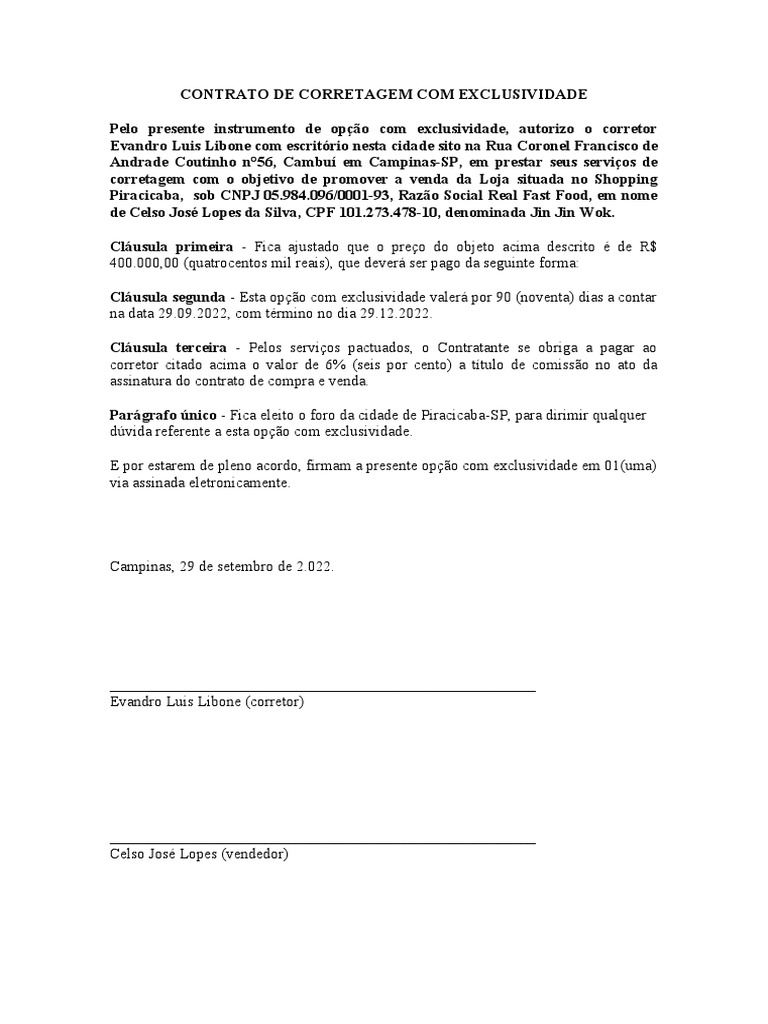 Contrato de Corretagem Exclusiva para Venda | PDF | Direito