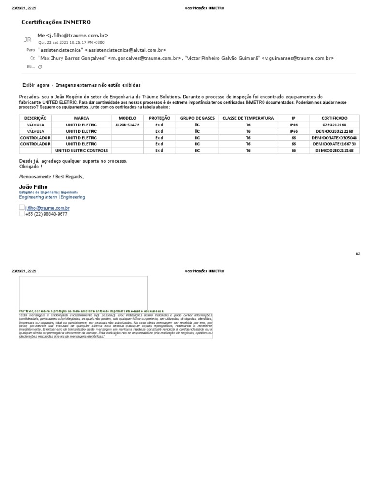 Certificados INMETRO para Equipamentos United Electric | PDF ...