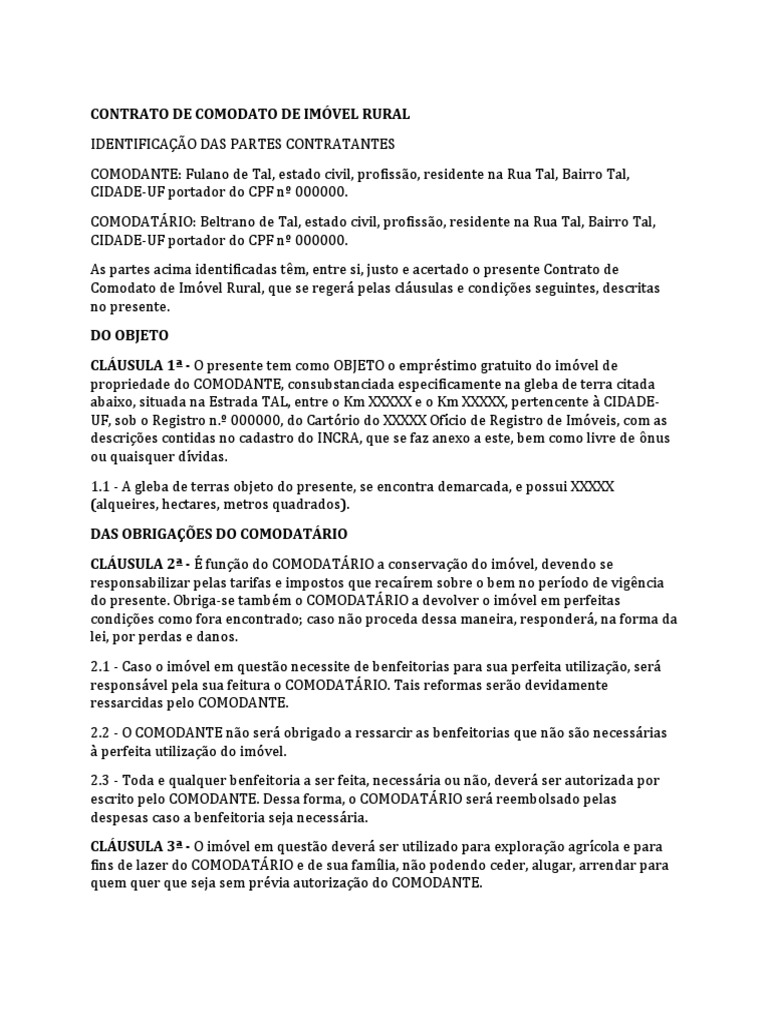 Modelo de Contrato de Comodato de Imovel Rural | Download grátis PDF ...