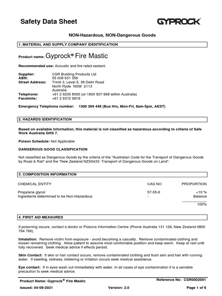 CSR Gyprock Sds Fire Mastic PDF Dangerous Goods Toxicity
