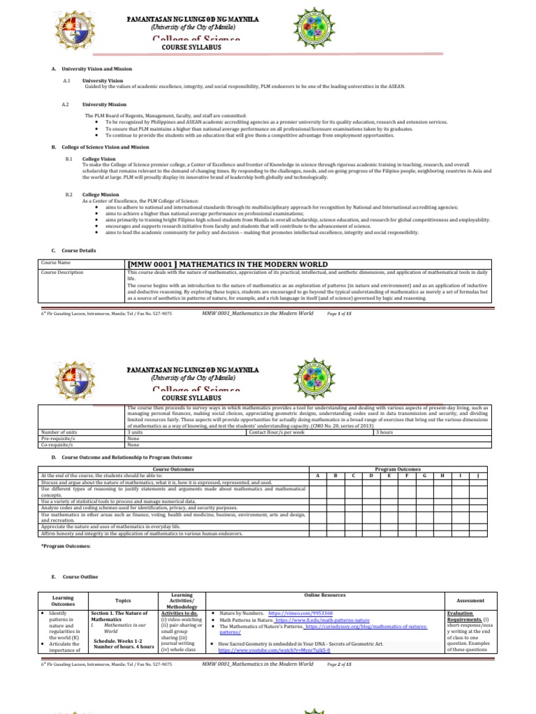 MMW Course Syllabus Overview | PDF | Statistics | Mathematics