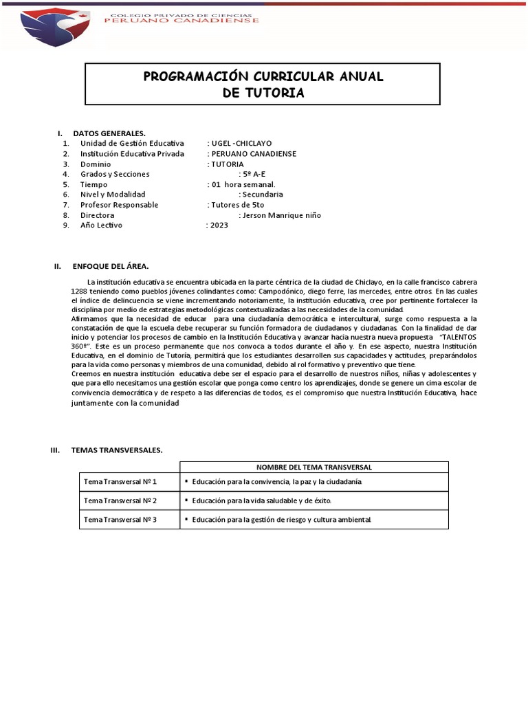 Programación Anual de Tutoría 2023 | PDF | Evaluación | Aprendizaje