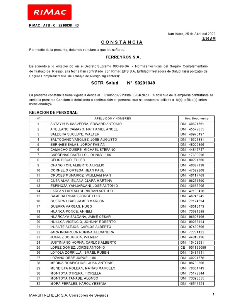 Constancia de Seguro SCTR Rimac 2022 | PDF