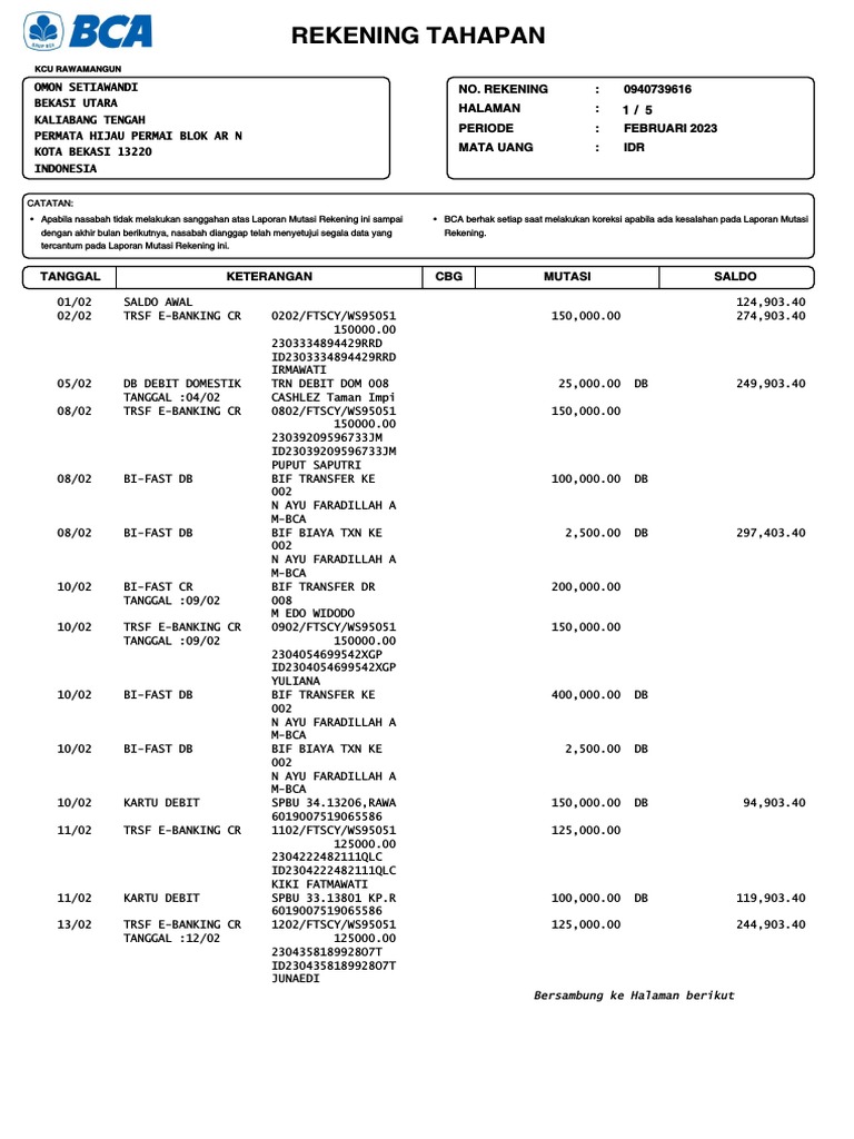 Contoh Rekening Koran PDF