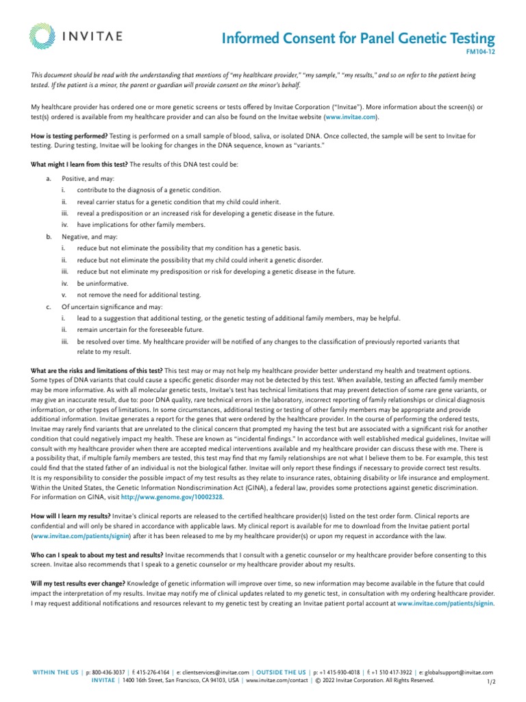 Informed Consent for Genetic Testing | PDF | Genetic Testing | Genetic ...