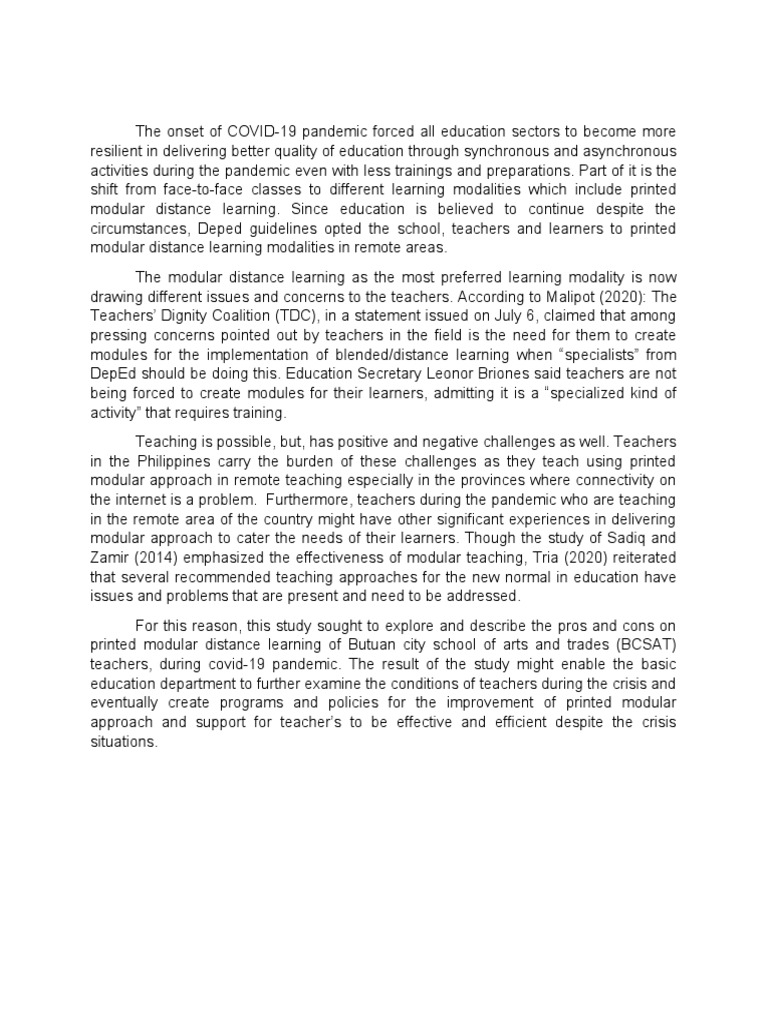 Introduction The Pros and Cons of Secondary Teachers On Printed Modular