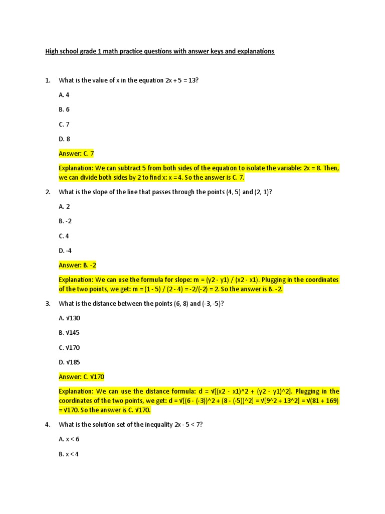High School Grade 1 Math Practice Questions With Answer Keys and