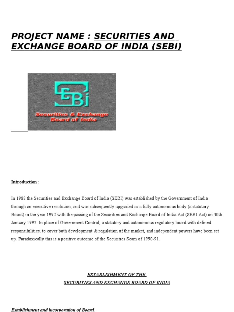 Project Name: Securities and Exchange Board of India (Sebi) | PDF ...
