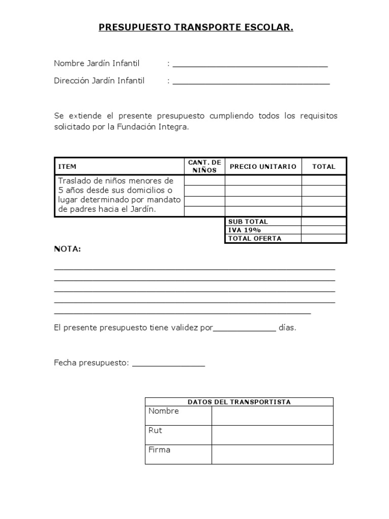 Presupuesto de Transporte Escolar | PDF