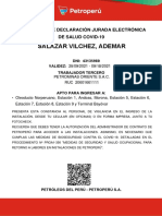 Salazar Vilchez, Ademar: Constancia de Declaración Jurada Electrónica de Salud Covid-19