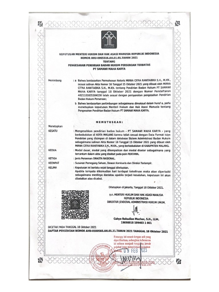 Keputusan Menteri Hukum Dan Hak Asasi Manusia Republik Indonesia | PDF