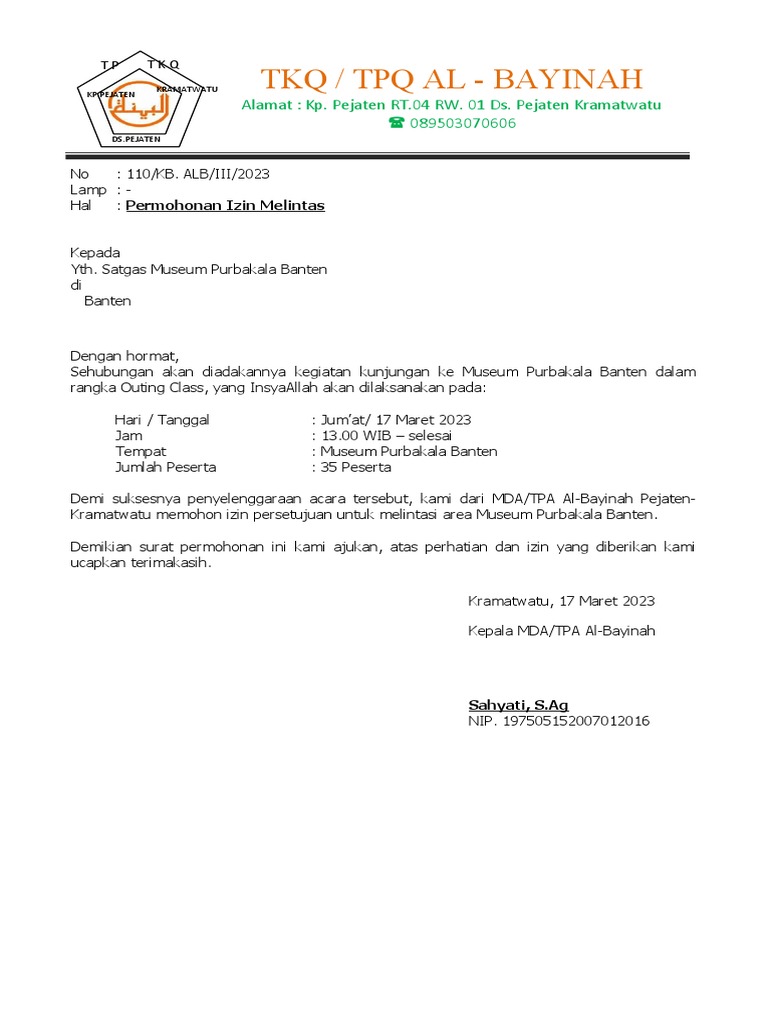 Surat Permohonan Izin Kunjungan Wisata | PDF