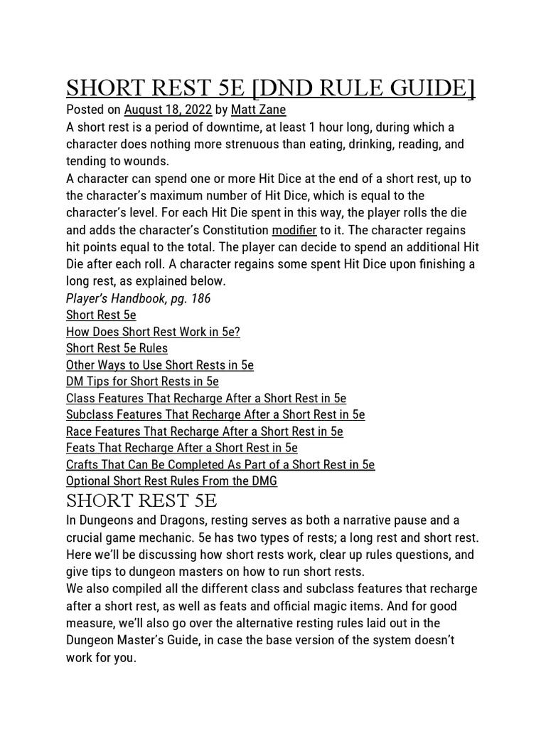 Short Rest 5E DND Rule Guide PDF Dungeons & Dragons Gary Gygax Games