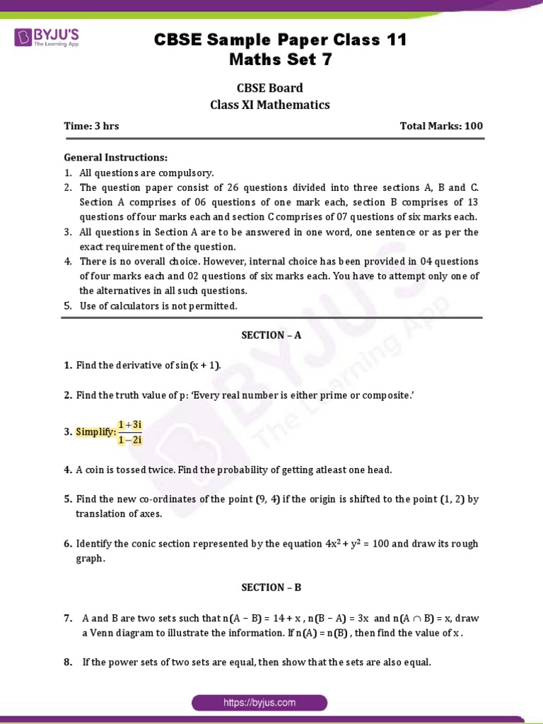 CBSE Sample Paper Class 11 Maths Set 7 | PDF | Inequality (Mathematics ...