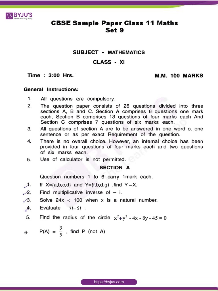 CBSE Sample Paper Class 11 Maths Set 9 | PDF | Triangle | Mathematics